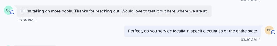 Cold outreach reply from a pool builder saying they are taking on more pools and would love to test it
